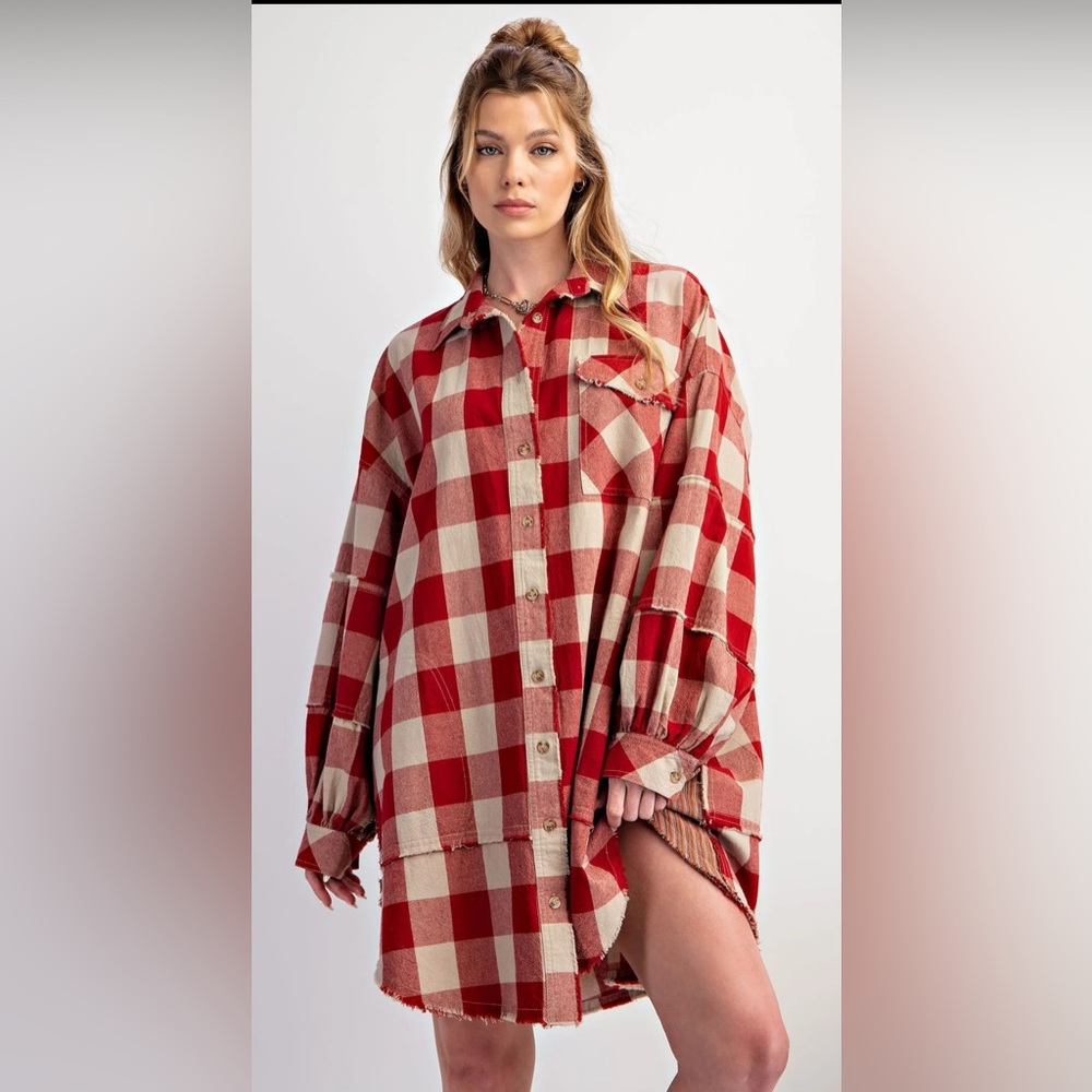 Easel Plaid Flannel Shirt/Dress in Boho Red, Oversized Small